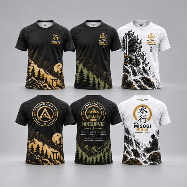 Collection des trois t-shirts techniques Academy Ninja, Misogi et NINSURVIE