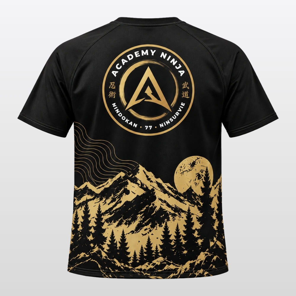 T-shirt technique Academy Ninja noir et or, dos avec le sceau NINDOKAN 77 NINSURVIE