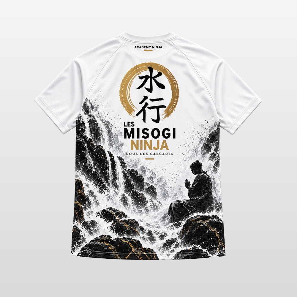 T-shirt technique Misogi blanc, dos avec les kanji 水行 dans un cercle doré