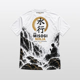 T-shirt technique Misogi blanc, dos avec les kanji 水行 dans un cercle doré