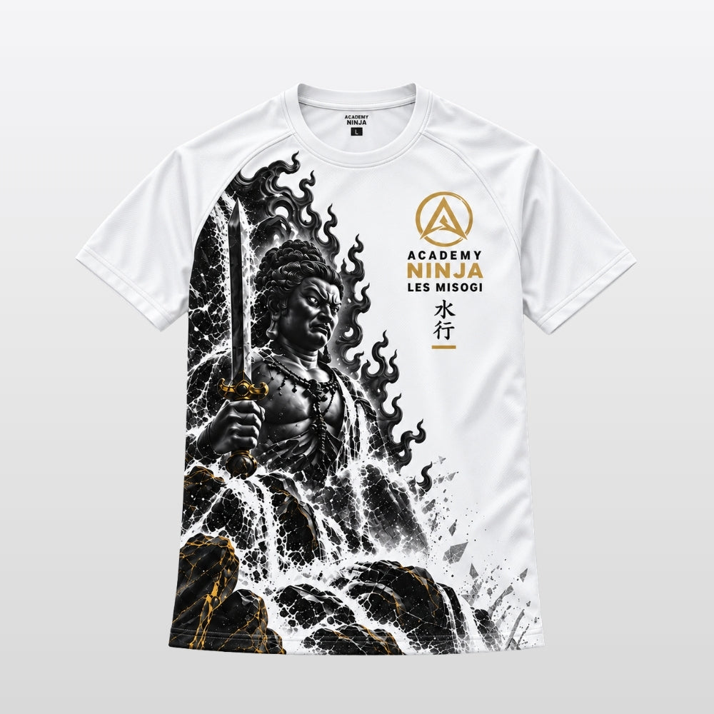 T-shirt technique Misogi blanc, face avant avec Fudō Myōō au cœur de la cascade