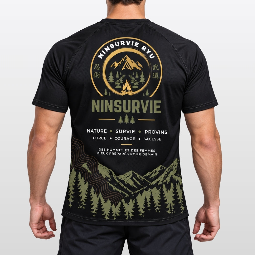 T-shirt technique NINSURVIE noir et kaki porté, vue de dos
