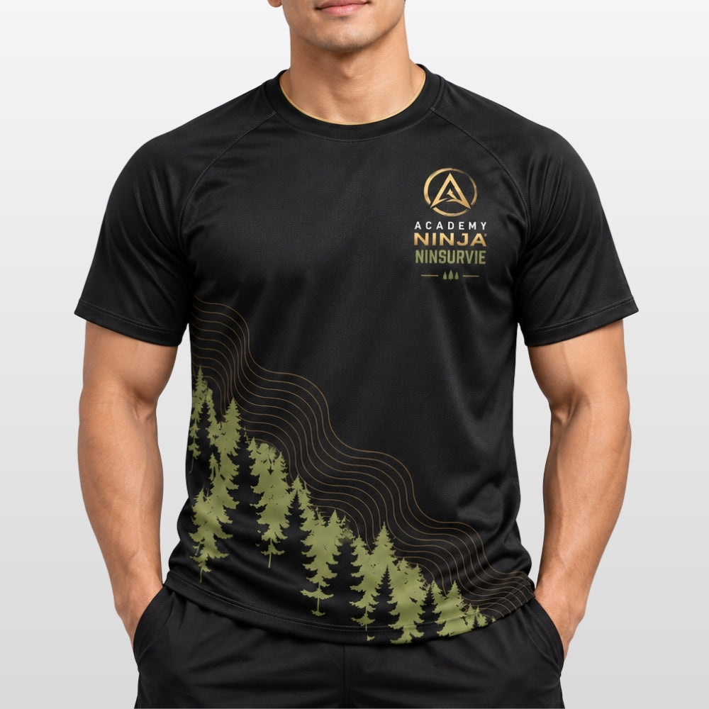 T-shirt technique NINSURVIE noir et kaki porté, vue de face