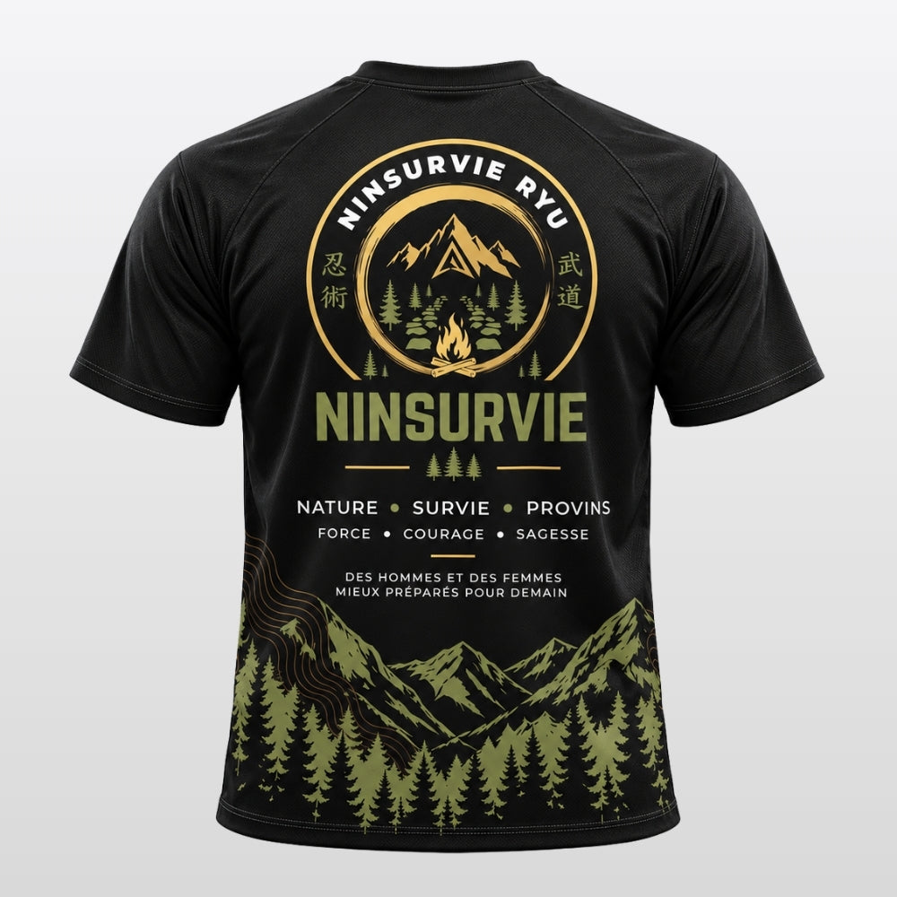T-shirt technique NINSURVIE noir et kaki, dos avec l'emblème NINSURVIE RYU