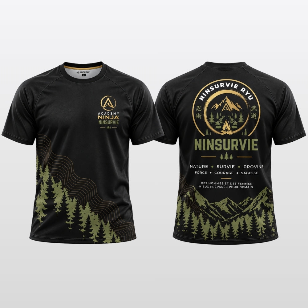 T-shirt technique NINSURVIE noir et kaki, vue recto et verso